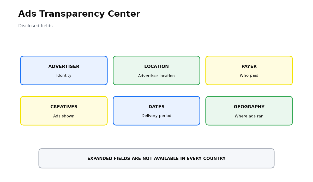 Fields Google discloses in the Ads Transparency Center: advertiser, location, payer, creatives, dates, geography