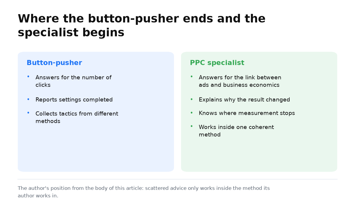 Two columns: a button-pusher answers for clicks, a specialist answers for the economics