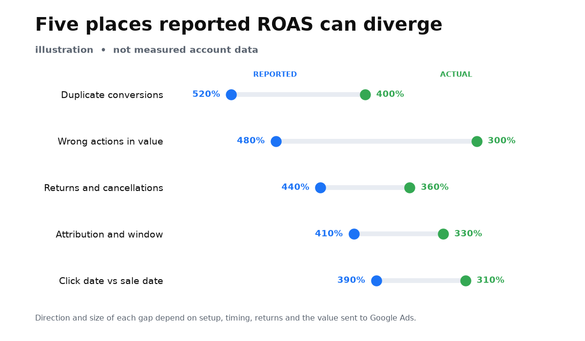 Illustrative comparison of reported and actual ROAS across duplicates, wrong actions, returns, attribution, and click date