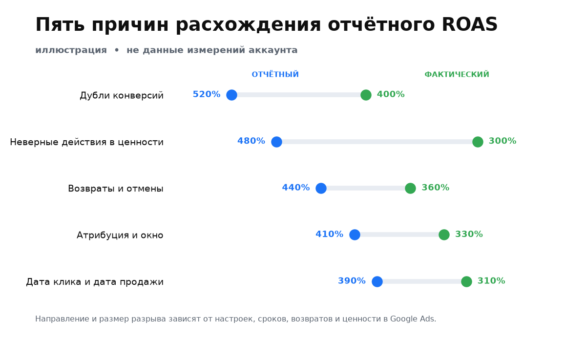 Иллюстративное сравнение отчётного и фактического ROAS в пяти местах: дубли, неверные действия, возвраты, атрибуция и дата клика