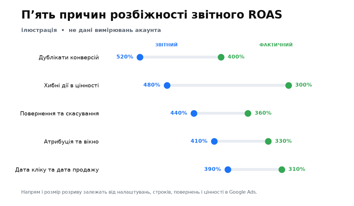 Ілюстративне порівняння звітного і фактичного ROAS у п'яти місцях: дублі, хибні дії, повернення, атрибуція та дата кліка