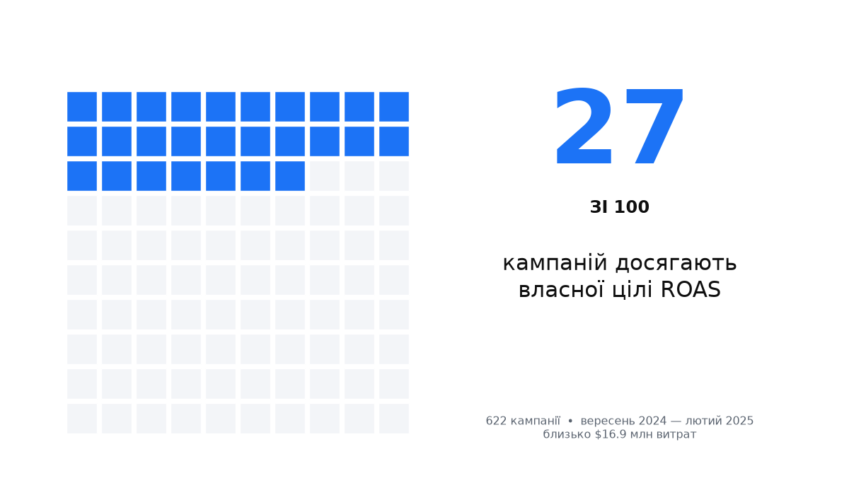 Сітка зі 100 кампаній, у якій 27 синіх клітинок показують кампанії, що досягли власної цілі ROAS