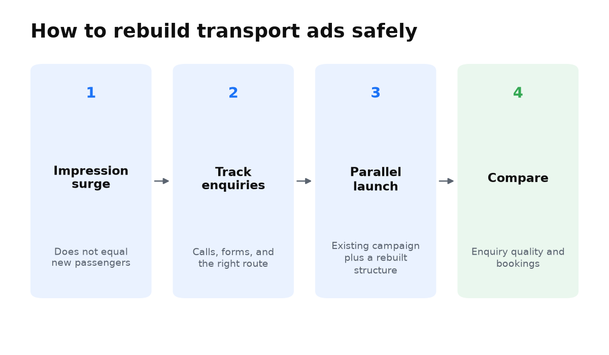 Impressions are checked against enquiries before rebuilt campaigns run beside the old one.