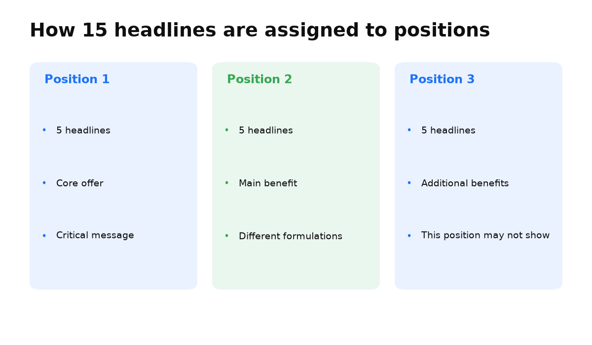 Fifteen responsive ad headlines are divided into three roles with five variants in each.