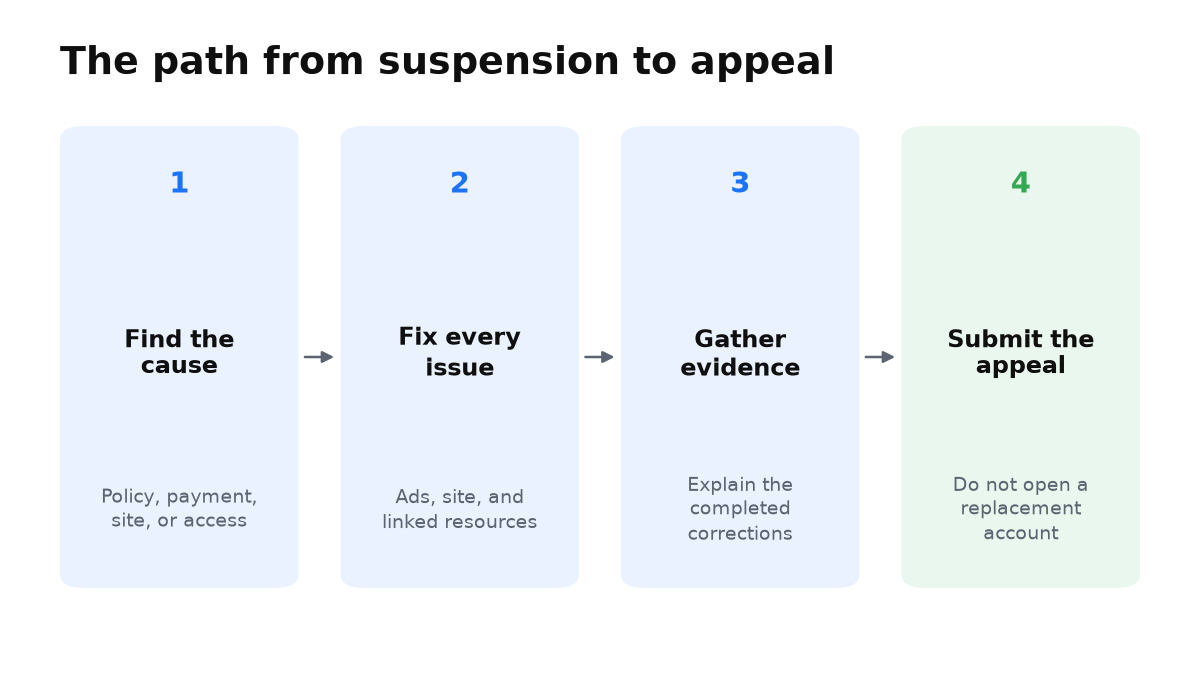 After a suspension, find the cause, fix every linked issue, and only then submit an appeal.