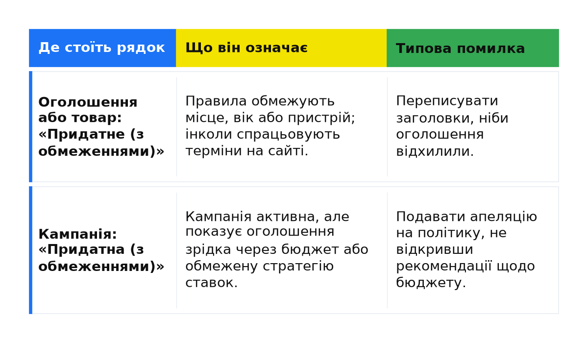 Обмеження оголошення чи товару та обмеження кампанії: значення рядка й типова помилка.