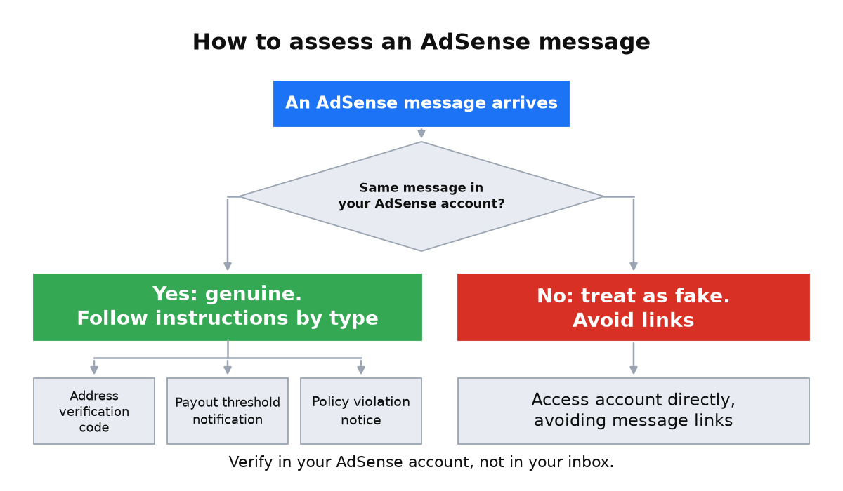 Decision tree checking an AdSense message against the account: a matching message leads to action by message type, while no match leads to avoiding links and accessing the account directly.