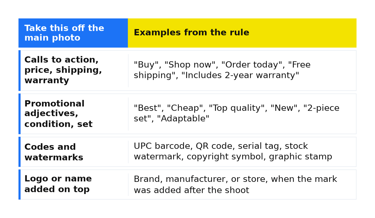 Comparison: Calls to action, price, shipping, warranty; Promotional adjectives, condition, set; Codes and watermarks; Logo or name added on top.