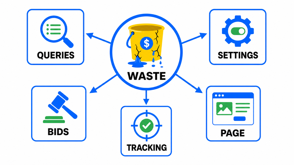 Five branches of a Google Ads campaign audit: budget, queries, ads, landing pages, tracking