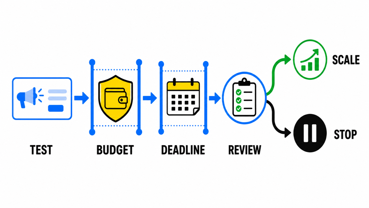 A bounded campaign test sets budget and deadline before review, scaling, or stopping