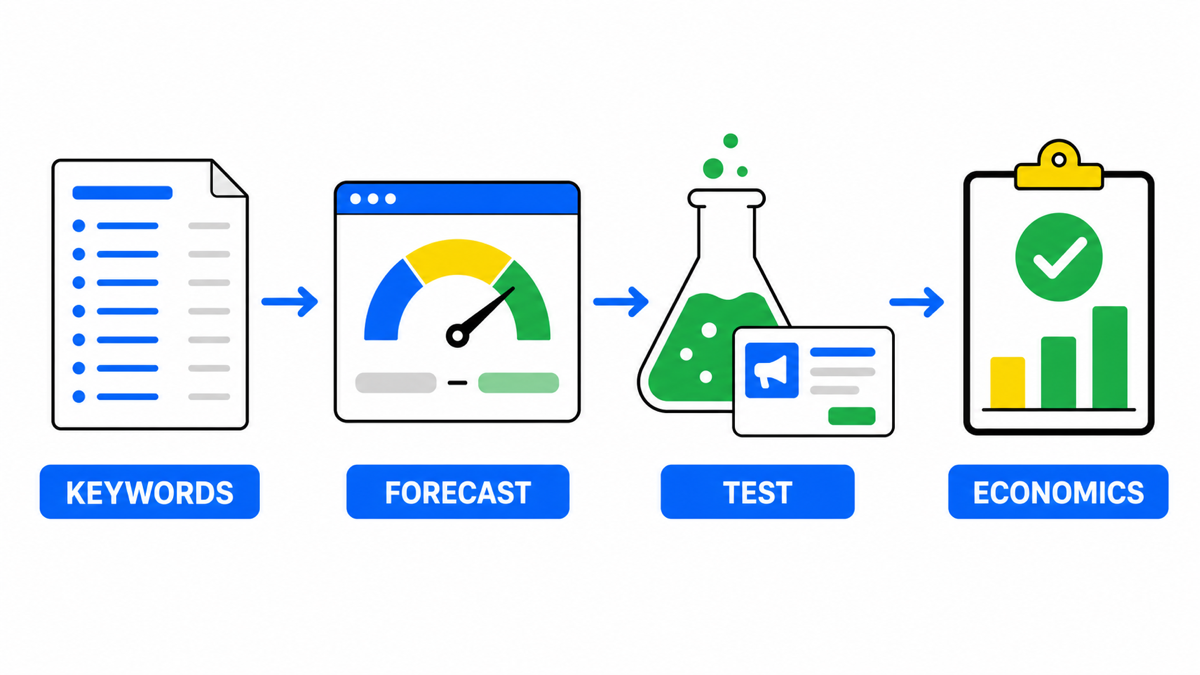 How keywords move from Keyword Planner forecast to a profitable CPC test