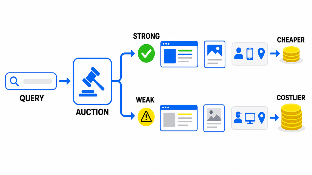 The same query can cost less or more as auction-time quality and context change