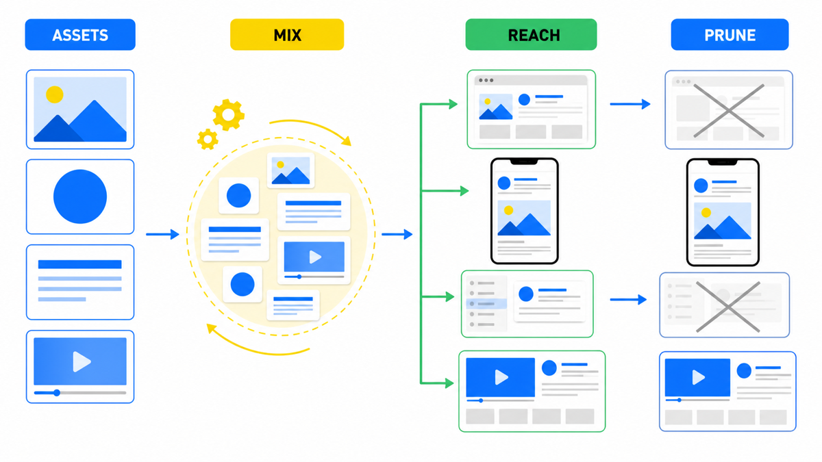 How GDN combines creative assets across placements and then prunes weak traffic