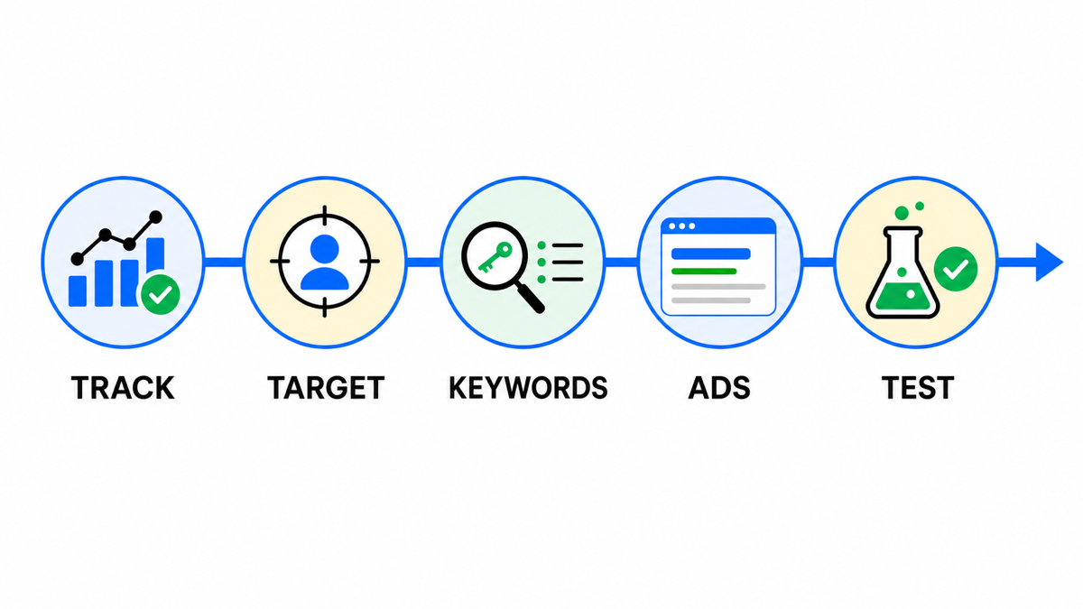 Google Ads setup sequence from conversion tracking to the first controlled test