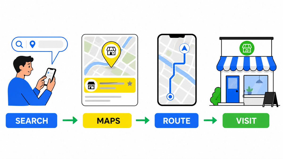 Путь клиента от запроса в Google Картах до маршрута и визита