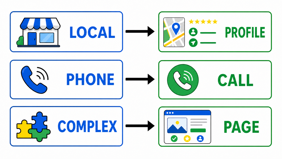Decision routes without a full website: local profile, direct phone call, or a simple landing page