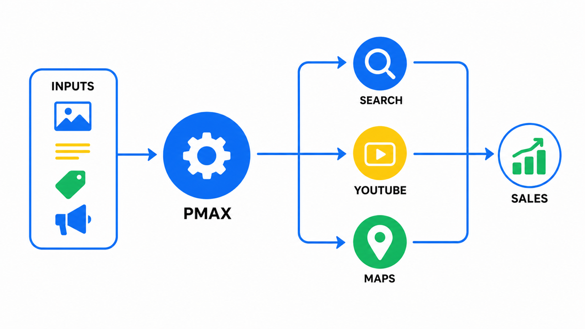Як Performance Max розподіляє фід, креативи й дані між каналами Google