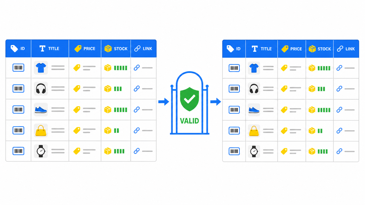 Core product feed fields and the validation step before Google Merchant Center