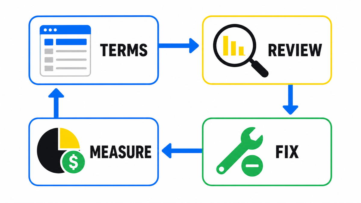 Weekly search-term control loop from cost review to fixes and wasted-spend measurement
