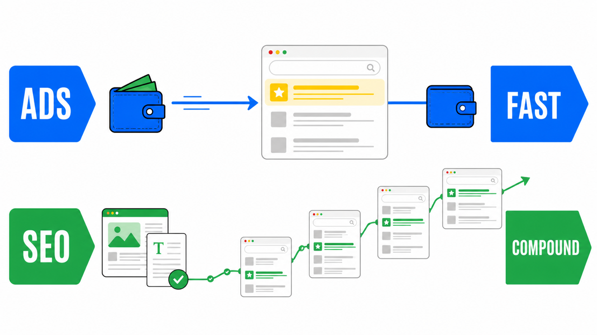 Сравнение быстрой платной рекламы и постепенно накапливающего эффект SEO
