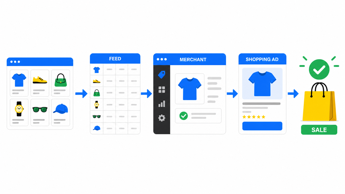Product feed flow from Merchant Center to Shopping ads and product sales